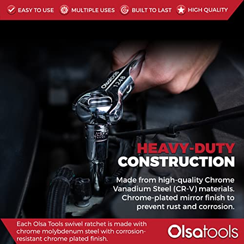 Olsa Tools Swivel Head Ratchet - 1/2-Inch Drive with 90-Tooth Round Head - Roto-Style Socket Wrench for Mechanics - Premium Quality Swiveling Handle - Part 1248