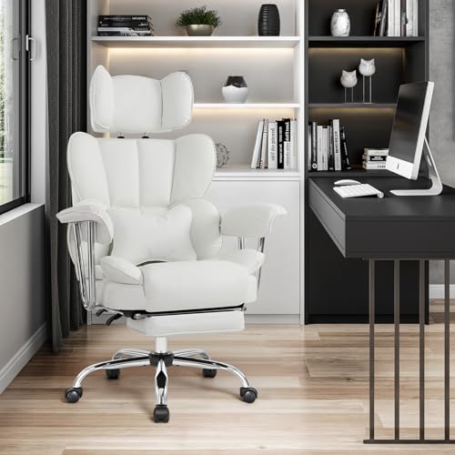 IWMH Big and Tall Leather Office Chair 400LBS, Large High Back Reclining Office Chair with Footrest&Lumbar, Lifting Headrest Ergonomic Desk Chair, Managerial Chair with Wide Seat & Armrests (Black)