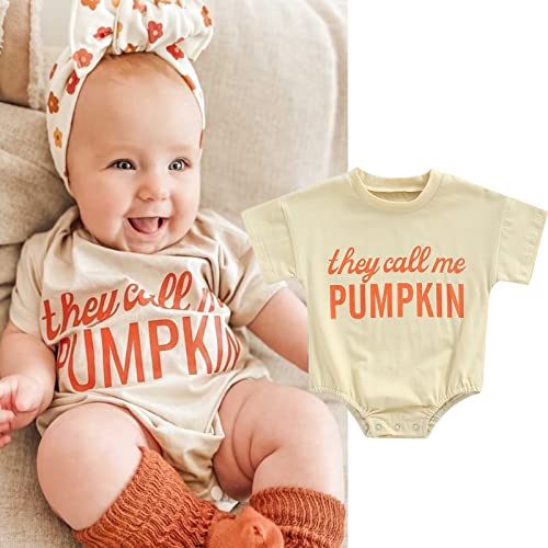 Kayotuas Baby Boys Girls Halloween Romper Oversized Tshirt Onesie Funny Announcement Bodysuit Shirts Cute Halloween Clothes (White&Brown Welcome to our pumpkin patch, 3-6 Months)