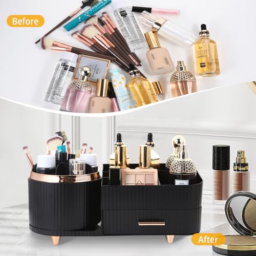Zufudo Makeup Organizer Countertop with Drawers 360 Rotating Makeup Brush Holder Large Capacity Skincare Organizer for Vanity Desk, All Black