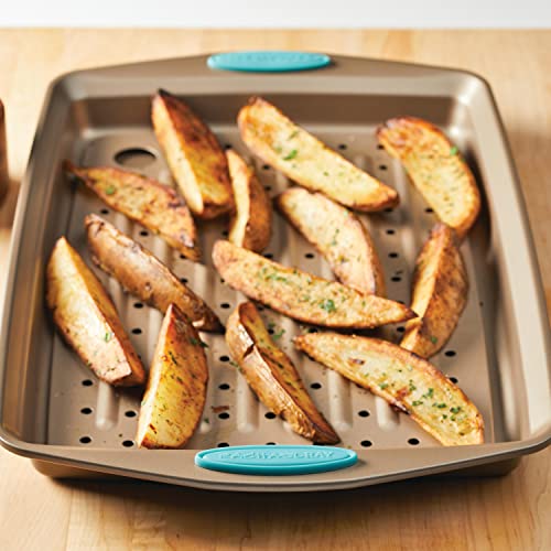 Rachael Ray Cucina Nonstick Bakeware Set with Grips, Nonstick Cookie Sheet / Baking Sheet and Crisper Pan - 2 Piece, Latte Brown with Agave Blue Handle Grips