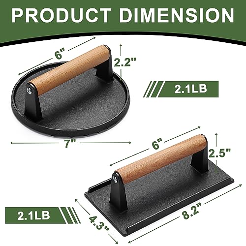 EWFEN Burger Press, 8.2"X4.3" Rectangle Heavy-Duty Cast Iron Smash Bacon Press Meat Steak with Wood Handle for Griddle, Sandwich, Nonstick Pan