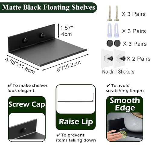 Z metnal Small Floating Shelves, Mini Metal Shelf for Collection Action Figures, Self Adhesive Decor Display Wall Shelf, Aluminum, Wall Mounted, Matt Black, 6 inch, 2 Pack