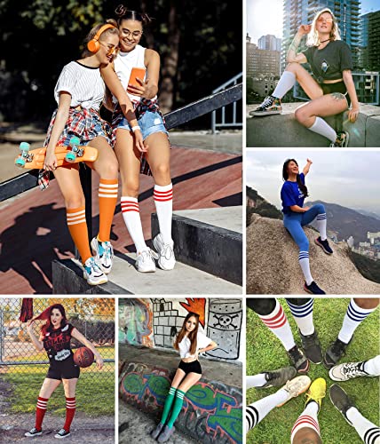Joulli Women's Knee High Athletic Socks Stripe Tube Outdoor Sport Socks 3 Pairs, White