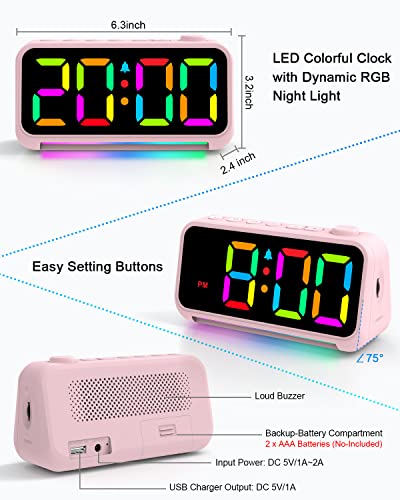 Digital Alarm Clock with LED Large Display USB Charger Port RGB Night Light - Small Desk Clocks for Kids Bedroom Decor Pink