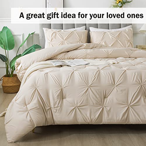 Andency Khaki Pinch Pleat Comforter Queen(90x90Inch), 3 Pieces(1 Pintuck Comforter and 2 Pillowcases) Pintuck Comforter Set, Microfiber All Season Down Alternative Bedding Set