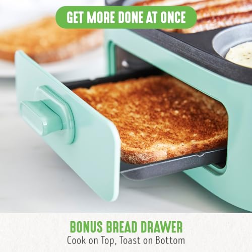 GreenLife 3-in-1 Breakfast Station, Ceramic Nonstick PFAS-Free Dual Griddles for Eggs Meat Pancakes & Sandwiches + 2-Slice Toast Drawer, Healthy Cooking, Timer, Versatile Morning Meal Maker, Turquoise