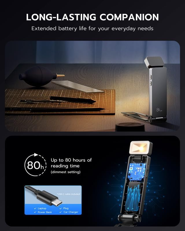 86lux Book Light, Rechargeable Reading Lights for Books in Bed, Ultralight Clip-on LED Bookmark Lamp with 3 Amber Colors & Stepless Dimming for Night Reading for Book Lovers, Kids, Mint Green