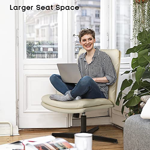 PUKAMI Criss Cross Chair,Comfy Cross Legged Office Desk Chair No Wheels,Cute Makeup Vanity Chair,Fabric Modern Swivel Height Adjustable Mid Back Wide Seat Computer Task Chair for Home Office(Beige)