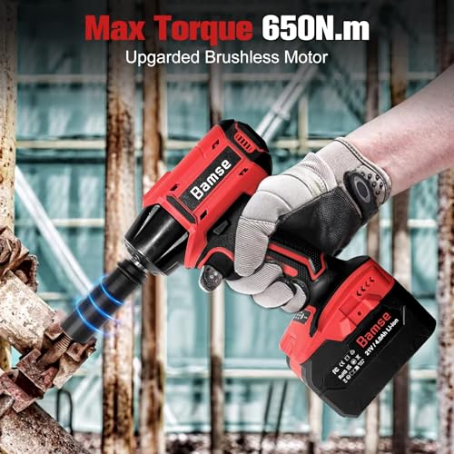 Cordless Impact Wrench 1/2'', Bamse Brushless Power Impact Gun with 2 Batteries, 3200RPM & Max Torque 480 Ft-lbs (650N.m) with 4 Impact Sockets, Electric Impact Driver for Car and Home