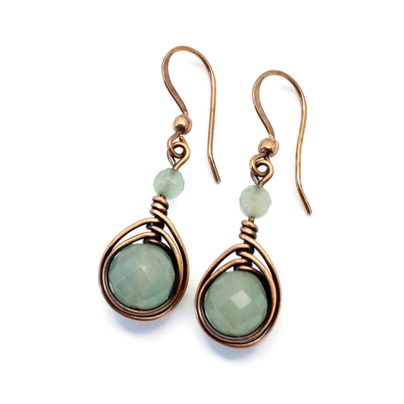 Pillar of Salt Studio Handcrafted Solid Copper Earrings with Green Aventurine Gemstone (Antiqued Copper, 1" drop)