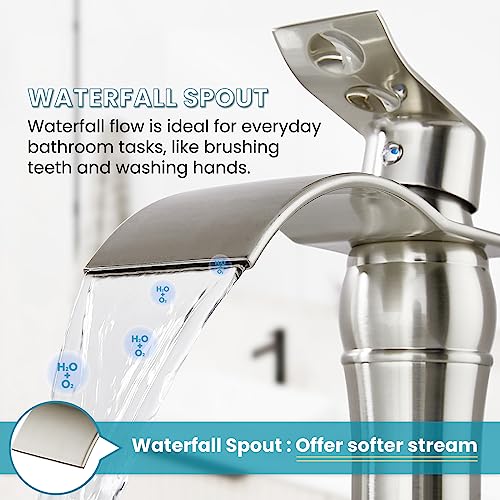 gotonovo Waterfall Vessel Sink Faucet for Sink 1 Hole,Single Handle Tall Bathroom Sink Faucet,Brass Waterfall Bathroom Faucet Arc Body Mixer Tap with Pop Up Drain and Supply Line,Brushed Nickel