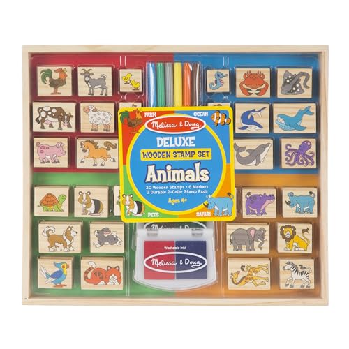 Melissa & Doug Deluxe Wooden Stamp Set: Animals - 30 Stamps, 6 Markers, 2 Stamp Pads Kids Art Projects, Wooden Stamps With Washable Ink, For Kids Ages 4+
