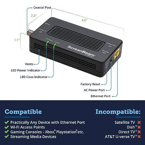 ScreenBeam Bonded MoCA 2.0 Network Adapter for High Speed Internet, Ethernet Over Coax - Single Add-On Adapter for Existing MoCA Network (Model: ECB6200S02)