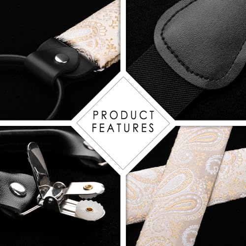 HISDERN Suspenders for Men Paisley Floral Bow tie Suspender Pocket Square Sets Adjustable Y Shape 6 Clips Wedding Braces