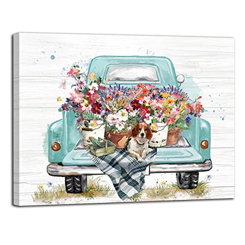 LAIART Old Truck with Flowers Farmhouse Rustic Style Decor Canvas Print Wall Art Bathroom Picture