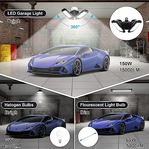 LED Garage Light, 150W 15000LM 6500K LED Shop Lights, Garage Lights Ceiling Led with 4 Deformable Panels, Screw in E26/E27 Socket LED Bulbs for Warehouse, Basement, Attic, Barn, High Bay Lighting