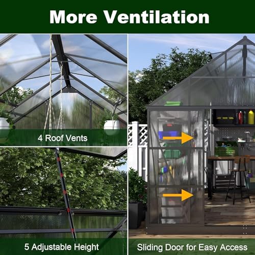 AMERLIFE 12x10x10FT Polycarbonate Greenhouse with 2 Sliding Doors 4 Vents Walk-in Premium Professional Greenhouse Storage Aluminum Large Hot House for Outdoor Sunroom Garden Backyard Matte, Black
