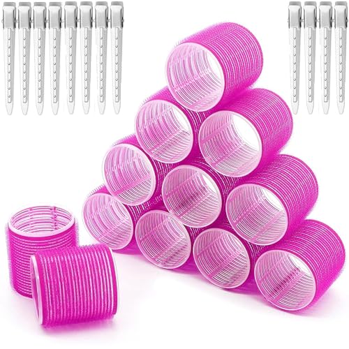 Jumbo 24Pcs Self-Grip Hair Roller Set - 12 Heatless Rollers & 12 Duckbill Clips for Long, Medium Hair Bangs Volume