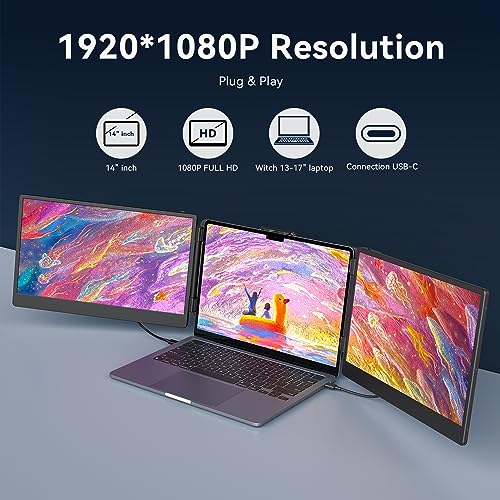 APILDELLA 14'' 1080P Portable Dual Monitor Extender for Laptops - USB C and HDMI, Plug-Play for Dual Display on Mac and Windows, Fits 13''-17.3'' Laptops