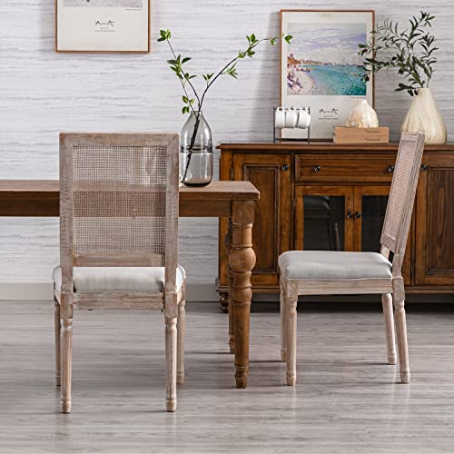 Guyou Black Farmhouse Dining Chairs Set of 6, Upholstered Dining Room Chairs with Rectangular Rattan Back French Country Accent Chair with Distressed Wood Frame for Kitchen Living Room (Beige)
