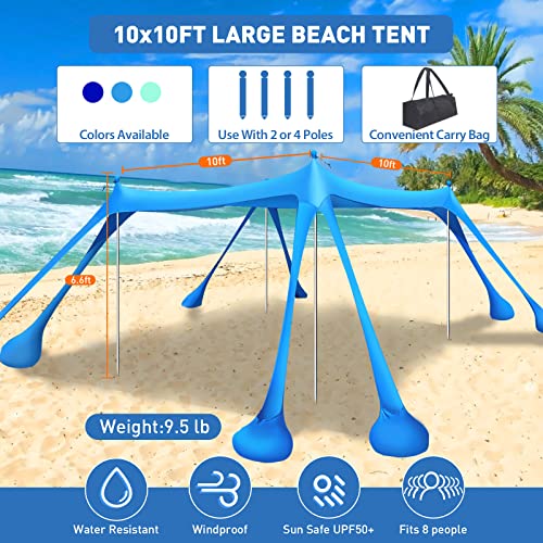 Wabolay Beach Tent Canopy Pop Up Shade 10x10ft Sun Shelter Portable Family UPF50+ with 8 Sandbags-2 Sand Shovel-4 Aluminum Poles-Ground Pegs-Carrying Bag for Outdoor Camping Fishing Backyard Picnic