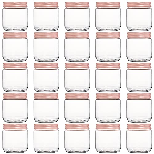 Fasmov 25 Pack 8 Ounce Clear Plastic Jars Containers with Rose Gold Lids, Round Empty Plastic Slime Storage Containers for Kitchen & Household Storage - BPA Free