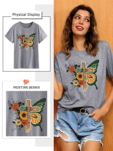 FEMLE Women's Cross Faith T Shirt Cute Short Sleeve Butterflies Flowers Graphic Tees Casual Loose Summer Tops