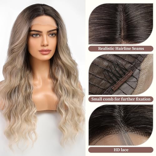 KOME Ombre Ash Blonde Long Wave Wigs for Women,Put On Go Glueless Lace Front Wig,Middle Part Synthetic Wig for Daily Party Use 26IN