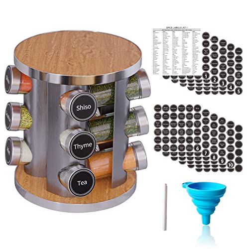New England Stories Revolving Spice Rack Set with 20 Spice Jars, Kitchen Spice Tower Organizer for Countertop or Cabinet - Carousel Storage Includes 386 Spice Labels (Bamboo)