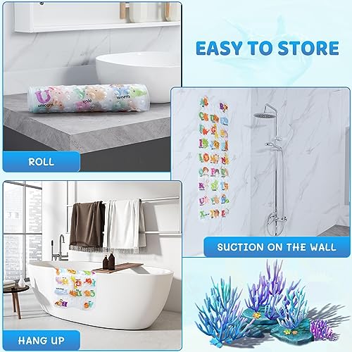 Secopad Baby Bath Mat for Tub for Kids, 40 X 16 Inch Non Slip Cartoon Bath Tub Shower Mat Anti Slip with Drain Holes and Suction Cups Machine Washable, 26 Alphabet and Animals