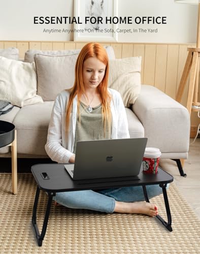 ZEAPTAC Laptop Bed Desk, Foldable Lap Table, Portable Study Table, Laptop Stand with Cup Holder & Tablet Slot & Lifting Handle for Working Writing Drawing & Eating - Black