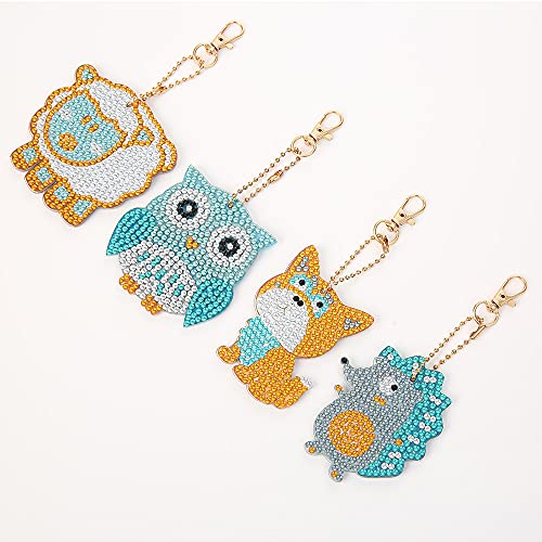 4 Pcs/Set 5D Full Drill Rhinestone Mosaic Making Kit Diamond Painting Keychain for DIY Craft Key Ring Bag Decor (Animal)