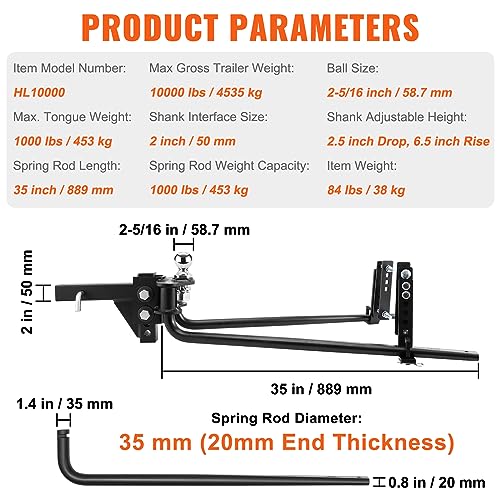 VEVOR Weight Distribution Hitch, 1,000 lbs Weight Distributing Hitches Kit with Sway Control for Trailer, 2-in Solid Steel Shank, 2-5/16 in Alloy Steel Ball, Powder Coated Load Leveling Hitch, Black