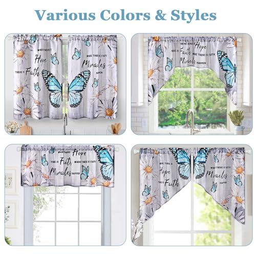 Likiyol Butterfly Kithchen Curtains Floral Daisy Tier Curtains, Farmhouse Gray Cafe Curtains, Rod Pocket Small Window Curtain for Cafe Bathroom Bedroom Drapes, 26 x 36 Inches (2 Panels)