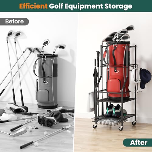 VOPEAK Golf Bag Organizer, Golf Bag Stand Fits Single Bag, Golf Organizer for Golf Clubs, Golf Balls, Golf Equipment Accessories, Easy Assembly Golf Storage Organizer for Garage, Club, Shed, Basement
