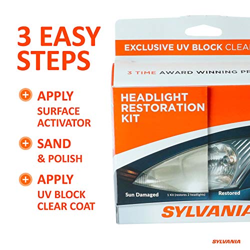 SYLVANIA - Headlight Restoration Kit - 3 Easy Steps to Restore Sun Damaged Headlights with Exclusive UV Block Clear Coat, Light Output and Beam Pattern Restored, Long Lasting Protection