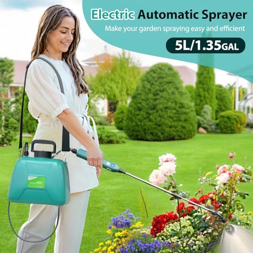 SideKing 1.35 Gallon/5L Battery Powered Sprayer, Electric Sprayer with USB Rechargeable Handle, Battery Indicator, Garden Sprayer with Telescopic Wand, 3 Nozzles, Adjustable Shoulder Strap (Blue)
