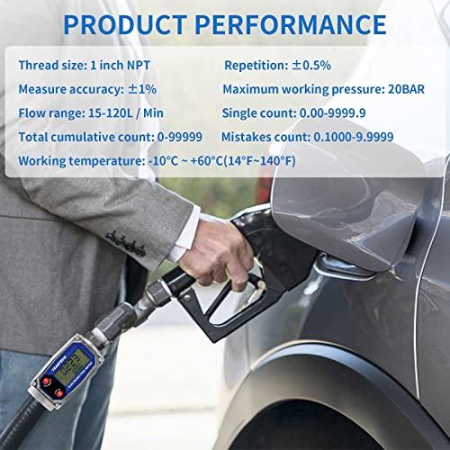 TEANTECH Digital Turbine Flow Meter Digital LCD Display with NPT Counter Gas Oil Fuel Flowmeter for Measure Diesel Kerosene Gasoline (1 Inch)