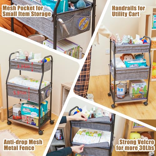 3-Tier Baby Diaper Caddy Organizer and Storage Cart with 4+2 Dividers, Mobile Metal Utility Cart with Rolling Wheels for Nursery Essentials, Large Capacity Rolling Cart for Crib, Bedroom, Bathroom