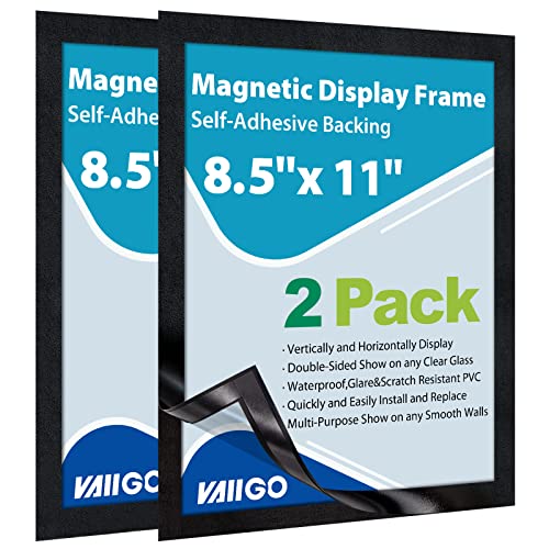VAIIGO 8.5" x 11" Magnetic Self-Adhesive Display Frame, Double Sided Window Magnetic Sign Holder with Clear PVC and Strong Magnetic for Office/Home/Store/Door/Glass/Wall Display Frame (Black, 2Pack)
