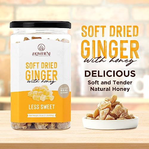 Homtiem Dried Crystallized Ginger Less Sweet (16 Ounce) Real Soft, Chews and Candied Delicious pieces Gingers, Easy to eat, No Artificial Colors, All-Natural and Preservative-Free(1 LB)