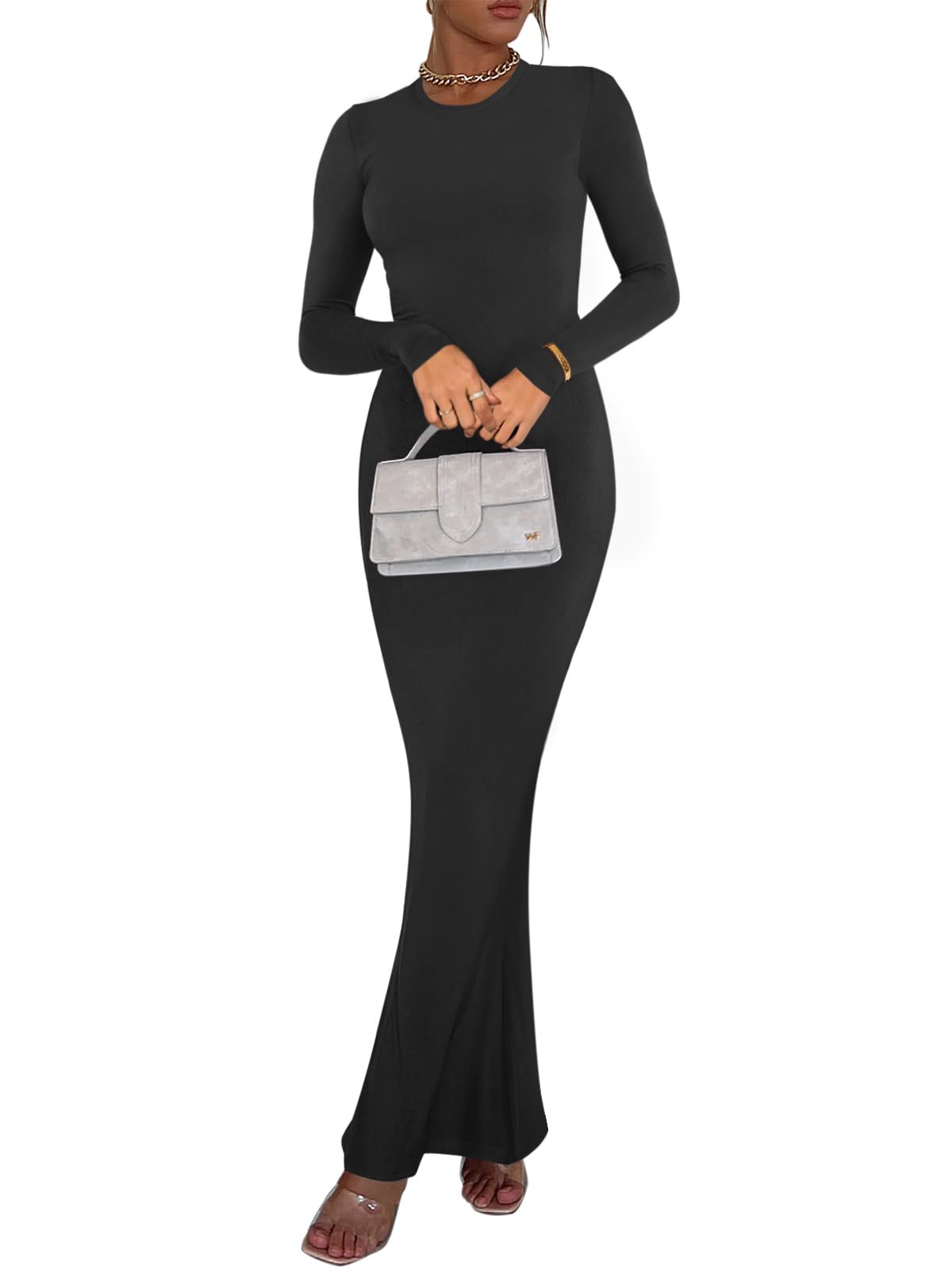 REORIA Women's Sexy Casual Crew Neck Lounge Slimming Long Dress Elegant Wedding Guest Long Sleeve Ribbed Bodycon Maxi Dresses Black Medium