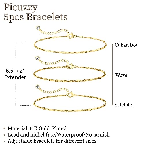 Picuzzy Gold Bracelets for Women - 14k Gold Dainty & Trendy Waterproof Rope Set, Satellite Chain & Adjustable Minimalist Pack