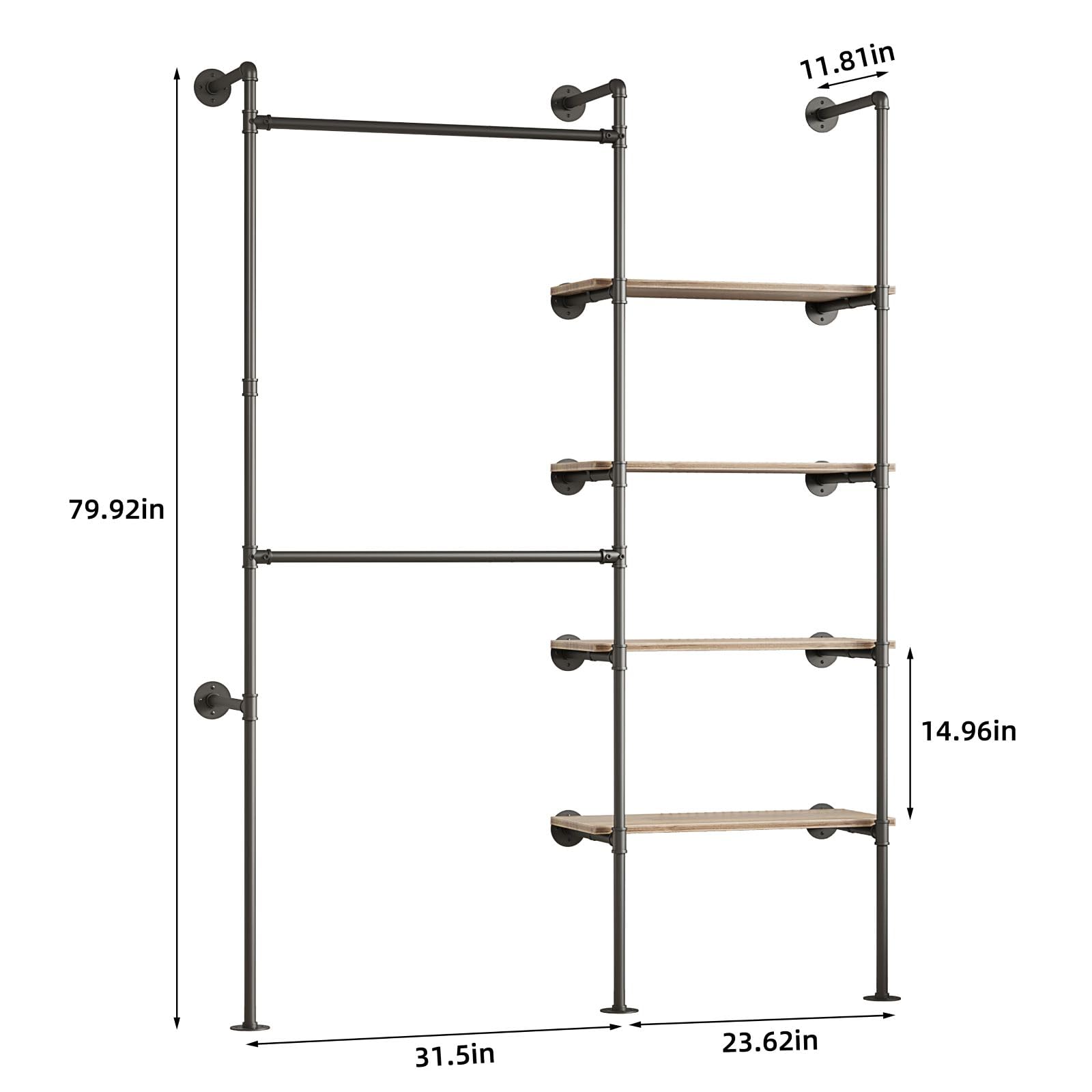 Woskar Industrial Pipe Clothing Rack, Hanging Rods Clothes Rack with Shelves, Clothes Rack for Wardrobe, Corner Closet System for Walk in Closets (Black, II-4Tier)