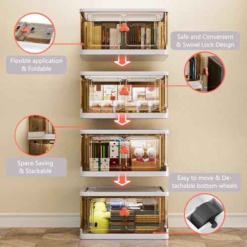 23Gal Storage Bins with Lids - Convenient Front Door Access, Wheels, Clear Design, Collapsible, Stackable, and Durable Plastic - Ideal for Closet,Organizing Toys, Dorms, Cars, and Bedrooms