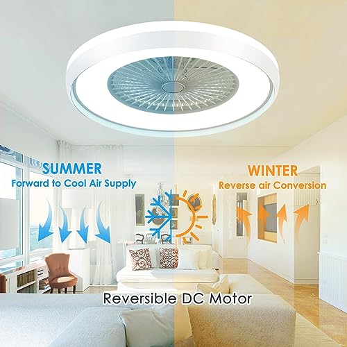 HUMHOLD 24" Low Profile Ceiling Fan with RGB Lights, Bladeless Ceiling Fan with Remote/APP/Voice Control, 6 Speeds Flush Mount Smart Ceiling Fan for Kids Bedroom/Kitchen/Dining Room