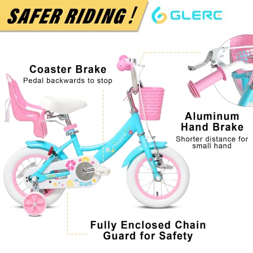 Glerc Maggie 12 Inch Girls Bike Ages 1 2 3 4 Years Old Kids Bicycle Princess Style with Doll-Seat & Basket & Training Wheels & Bell for Birthday, Blue