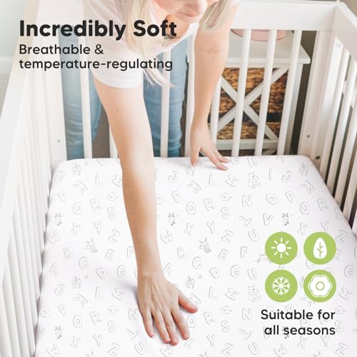 Pack and Play Sheets Fitted, 2-Pack Mini Crib Sheets - Pack N Play Sheets, Organic Fitted Crib Sheet for Pack and Play Mattress, Playard Baby Crib Sheets, Crib Sheets Neutral for Boys, Girls (Abc Land))