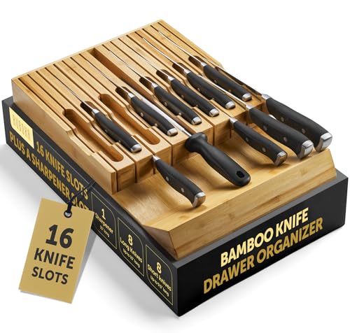 High-Grade 100% Bamboo Knife Drawer Organizer - 16 Knife Slots Plus a Sharpener Slot, Knife Organizer for Kitchen Organization, Durable, Secured, Practical, Eco-Friendly, Knife Block without Knives.
